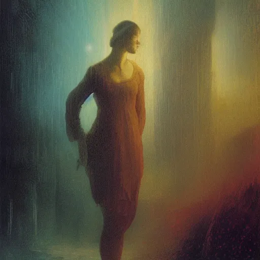 Prompt: a young woman in cyberspace, photoreal, atmospheric, by william turner, beksinski, caspar david friedrich, oil painting, romantism, realism, limited palette