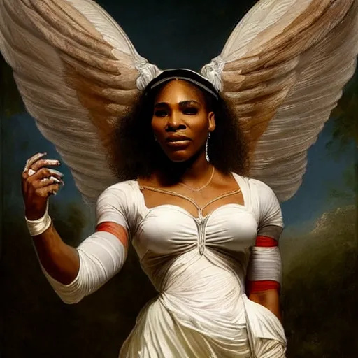 Image similar to Full body Portrait of Serena Williams as Nike Goddess, large wings, luxuriant, dreamy, eternity, romantic, strong pose, highly detailed, in the style of Franz Xaver Winterhalter, highly detailed, in the style of Aetherpunk