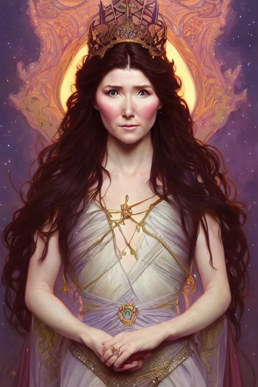 Prompt: Jewel Staite as a princess, fantasy, intricate, elegant, highly detailed, digital painting, artstation, concept art, matte, sharp focus, illustration, art by Artgerm and Greg Rutkowski and Alphonse Mucha