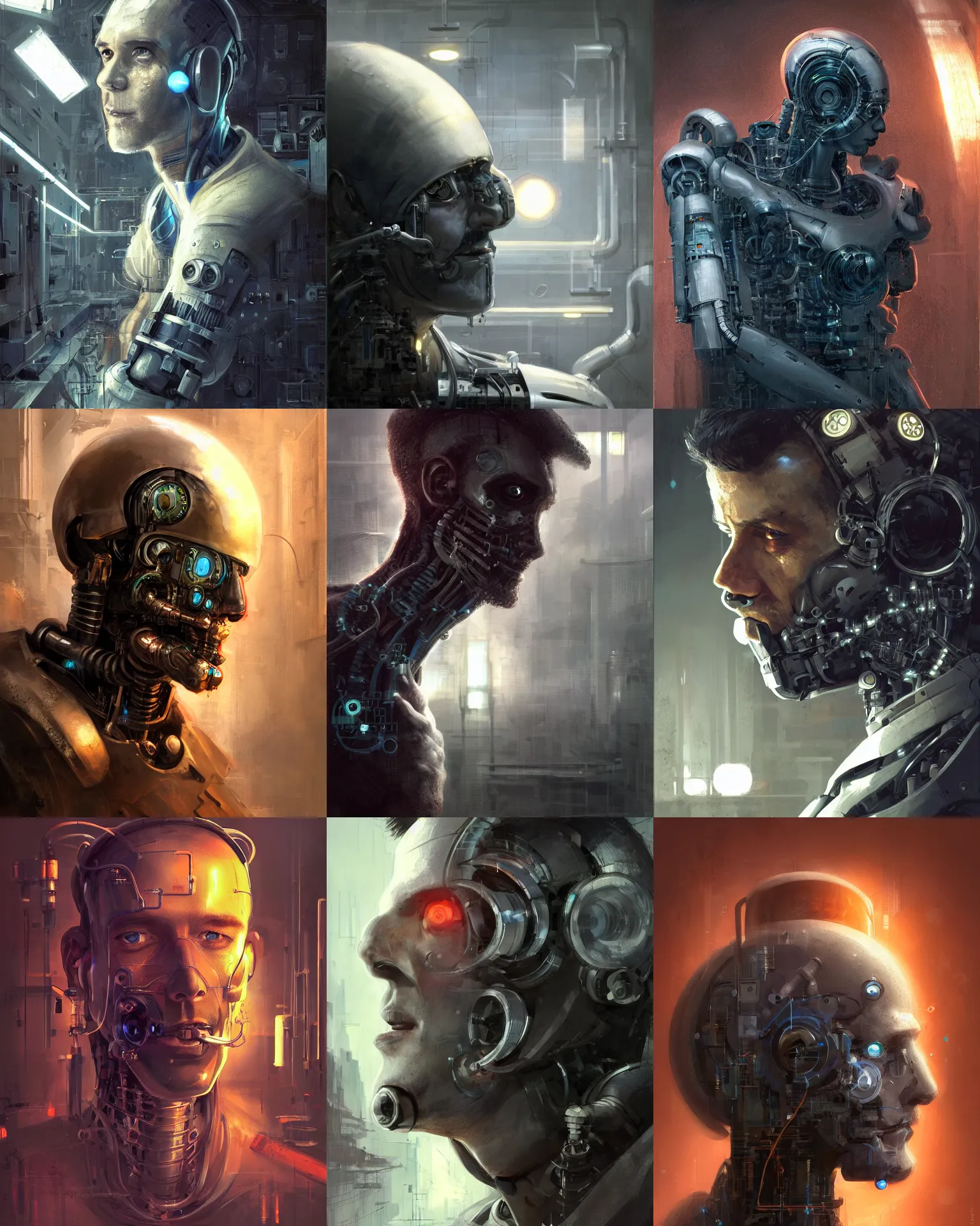 Prompt: a laboratory operator man with cybernetic enhancements seen from a distance, halfbody headshot, scifi character portrait by marc simonetti, craig mullins, daytoner, cinematic lighting, dystopian scifi gear, profile picture, mechanical, cyborg, half robot