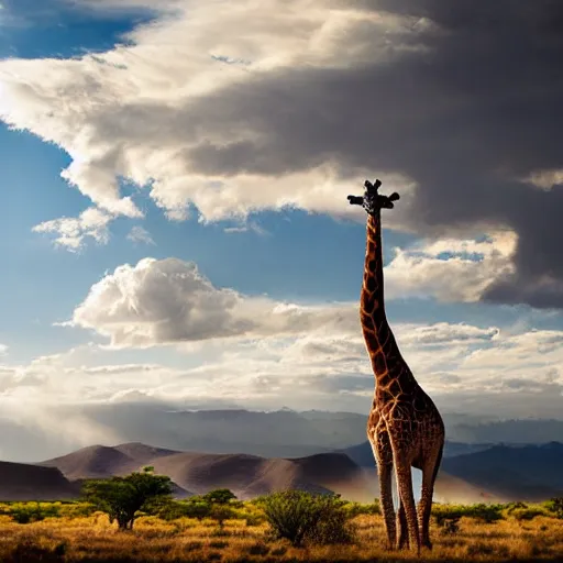 Prompt: national geographic landscape photograph of a valley, with a gigantic giraffe in the distance reaching upwards and eating the clouds