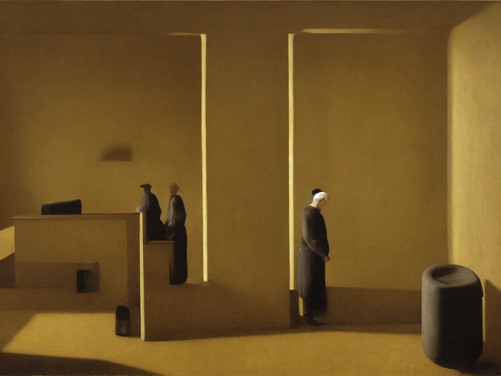 Image similar to Room full of dark coffins. Grazing, golden light, high contrast. Painting by Vilhelm Hammershoi, Morandi