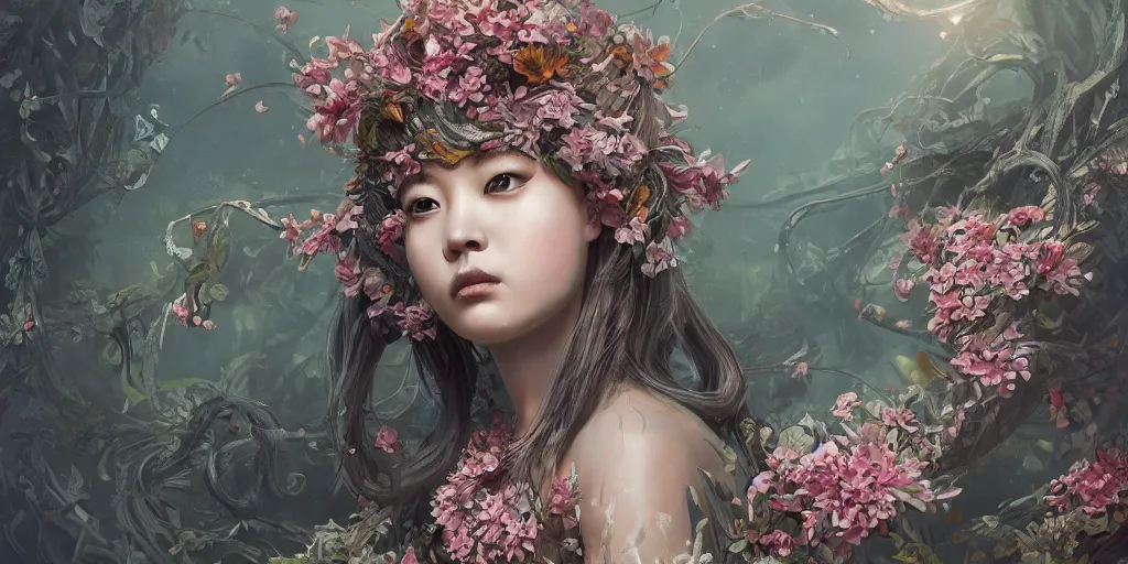 Prompt: breathtaking detailed concept art painting of a minion, with anxious, piercing eyes, ornate background, amalgamation of leaves and flowers, by hsiao - ron cheng, extremely moody lighting, 8 k