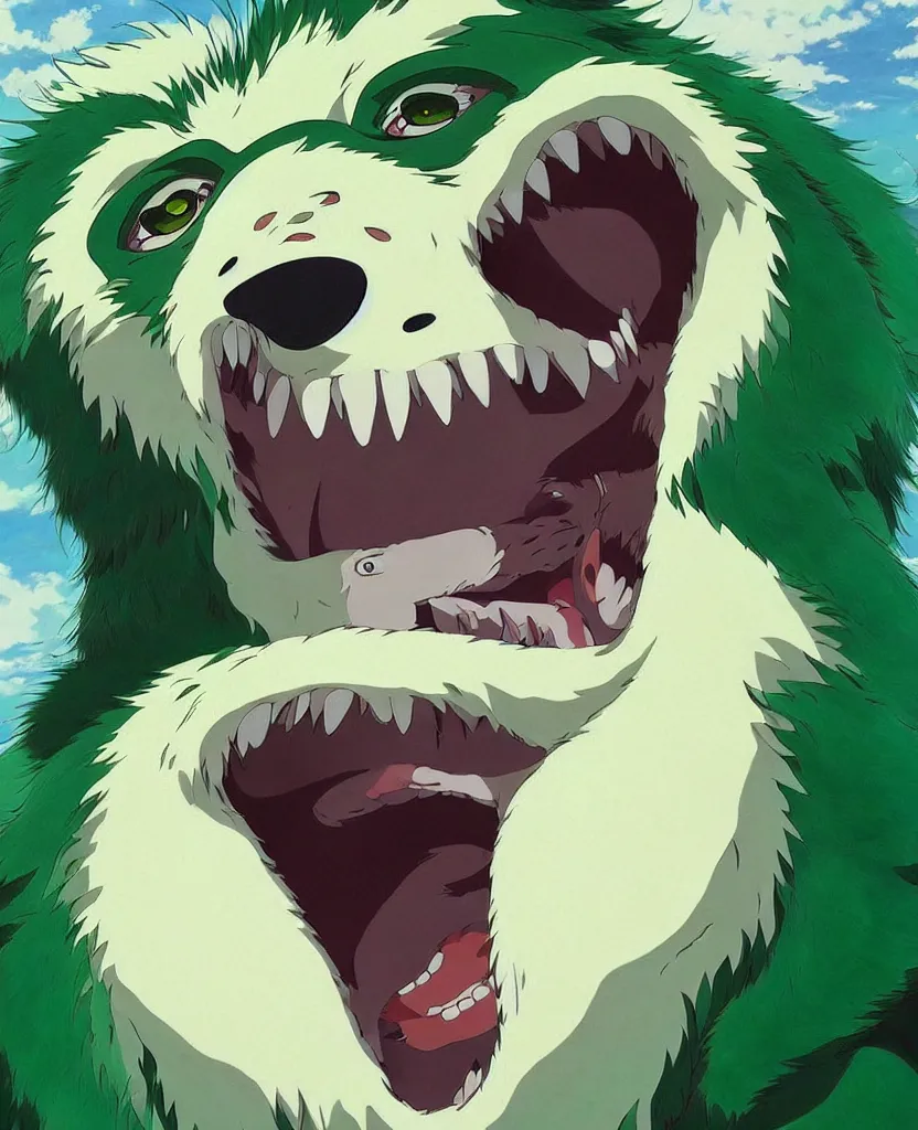 Image similar to beautiful painting from the anime film by studio ghibli, green anthropomorphic wherewolf human hybrid, drooling teeth bared, fur, trending on artstation