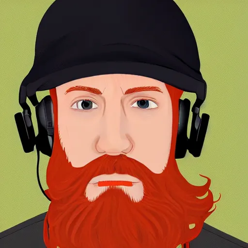 Prompt: middle aged streamer on twitch with black hat, stubble, ginger hair, orange hair, black cap, stubbles, red headphones, in the style of jeremiah ketner, art