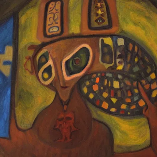 Image similar to portre of an autistic demon on acid, masonic and kabalistic symbols in background, oil painting