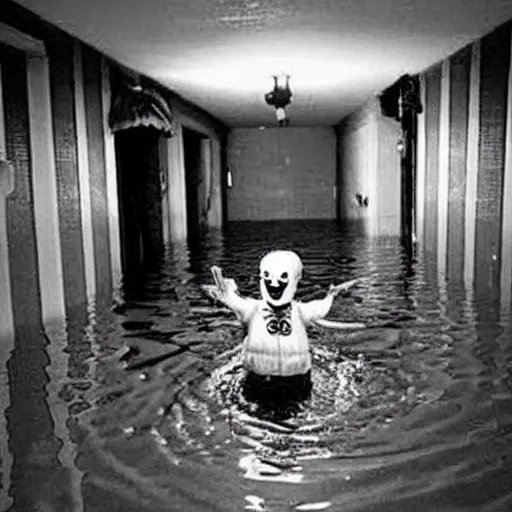 Prompt: a creepy clown at a flooded basement hallway. craiglist photo.