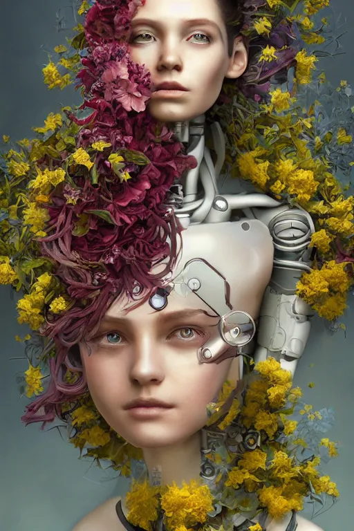 Image similar to a beautiful fine art RPG portrait photo of a robot female cyborg, spread out curly hair covered by hibiscus, daffodils, hydrangea, montsera leaves by tom bagshaw and zach sutton, golden ratio composition, soft studio lighting, soft vignette, 50mm lens, very detailed, bionic, cybernetic scifi, deep depth of field, artstation, 8K