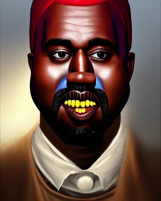 Prompt: medium - shot oil portrait of a clown played by kanye west, artstation, highly detailed digital painting, smooth, global illumination, fantasy art by greg rutkowsky, karl spitzweg, leyendecker