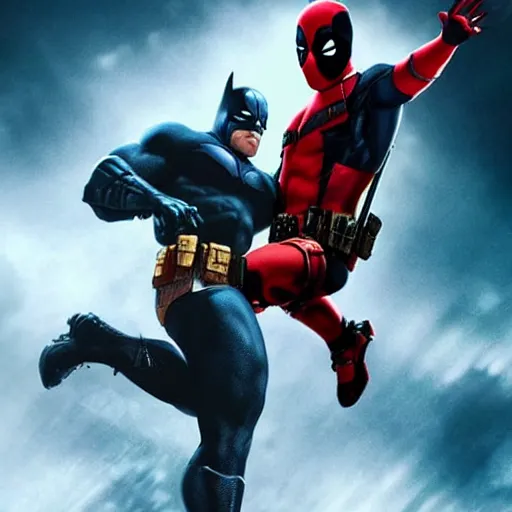 Prompt: stunning awe inspiring ( deadpool ) vs batman movie poster, 8 k hdr atmospheric lighting