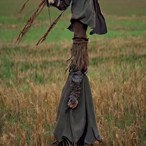 Prompt: elvish scarecrow scaring off goblins