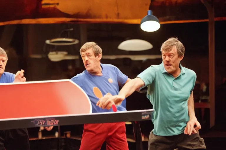 Image similar to Hugh Laurie and Stephen Fry playing table tennis, neon lighting