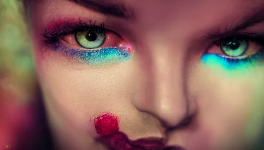 Image similar to piercing eyes and lips with a colorful background, cinematic lighting, establishing shot