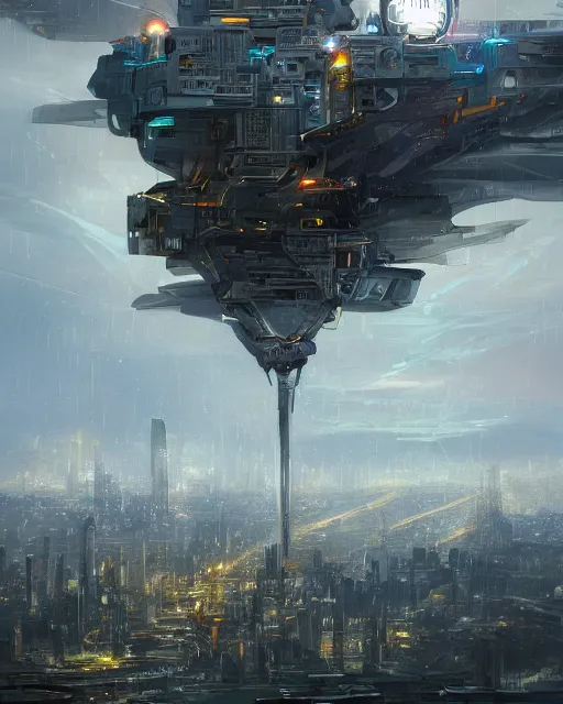 Image similar to solarpunk vehicle above a city, scifi, futuristic, bright light, highly detailed, concept art, sharp focus, trending on artstation, intricate, atmosphere, raining, art by roman makarenko, dzung phung dinh