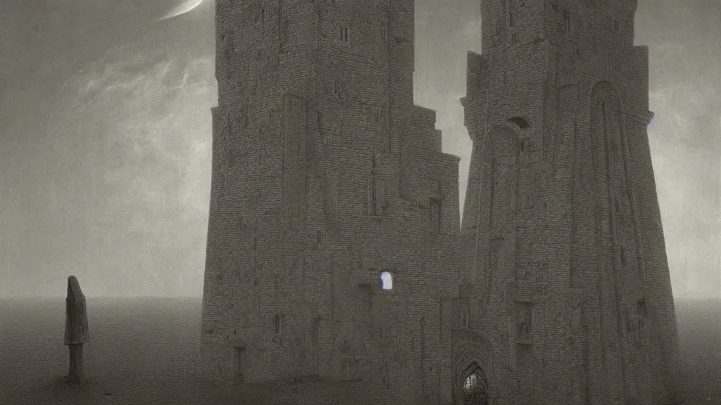 Prompt: a familiar presence waits in the tower by Zdzisław Beksiński, cinematic