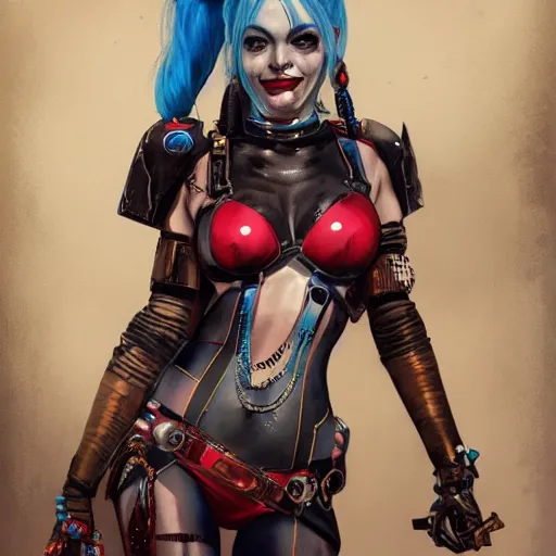 Image similar to a portrait of Harley Quinn in bikini armor, Warhammer 40000, cyberpunk, intricate, elegant, highly detailed, digital painting, trending on artstation, concept art, smooth, sharp focus, illustration, art by artgerm and greg rutkowski and alphonse mucha
