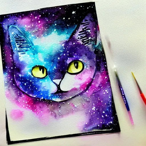 Prompt: Galaxy cat watercolor painting