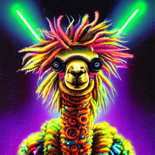 Prompt: llama with dreadlocks, vibrant colors, cybernetic glowing, by Paul Lehr, details, iridescent colors, macro