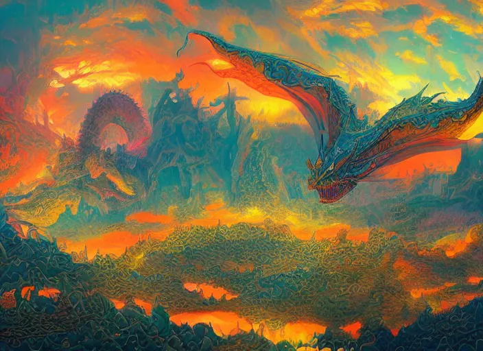 Prompt: psychedelic concept art painting of a dragon landscape made of thousands of dragons, cel shaded, in the style of makoto shinkai and moebius and peter mohrbacher and anton fadeev