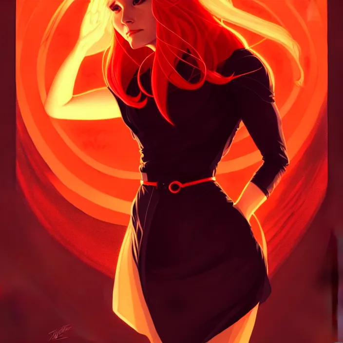 Image similar to style artgerm, joshua middleton, beautiful kristen bell with dark red dress, very long orange hair, symmetrical face, symmetrical eyes, fire powers fire swirling, detailed, volcano setting, cinematic lighting