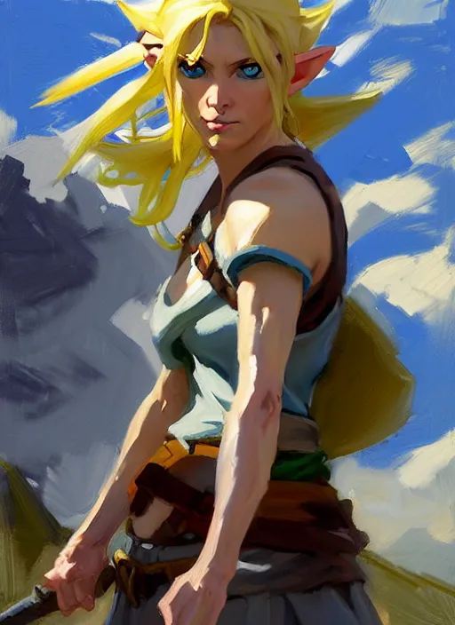 Image similar to Greg Manchess painting of a female Link from Legend of Zelda, countryside, calm, fantasy character portrait, dynamic pose, above view, sunny day, thunder clouds in the sky, artwork by Jeremy Lipkin and Giuseppe Dangelico Pino and Michael Garmash and Rob Rey, very coherent asymmetrical artwork, sharp edges, perfect face, simple form, 100mm