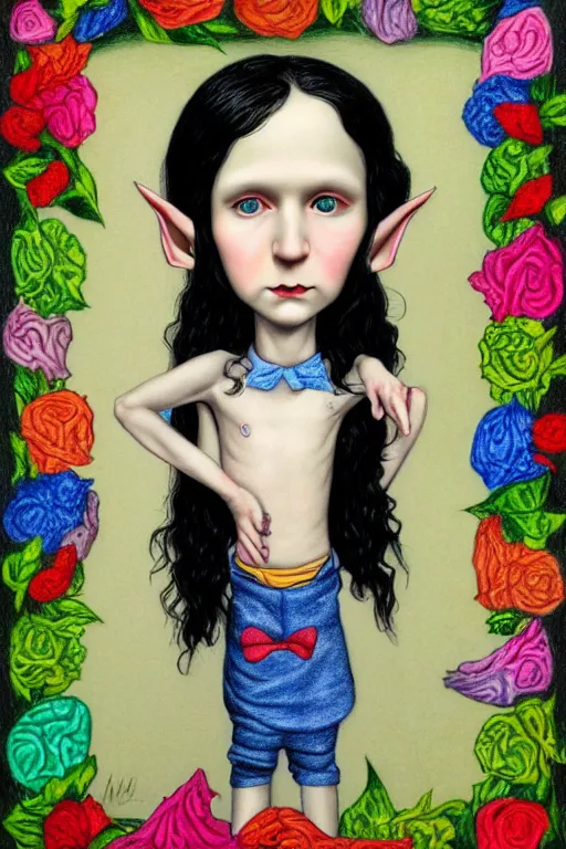 Prompt: multicolor drawing of elf boy with long black hair by mark ryden created at modern world in 4 k ultra high resolution