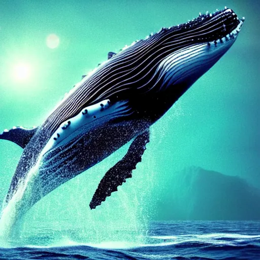 Image similar to of a humpback whale swiming in the subway, cosmos space, amazing ehtereal energy, multiverse, cinematic,