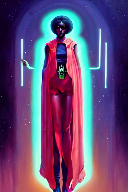 Prompt: patron saint of 🛸👩🏾, futuristic clothing, neon god of city character portrait, in the style of moebius, tom bagshaw, and waterhouse, cinematic lighting, beautiful, elegant, oil painting,