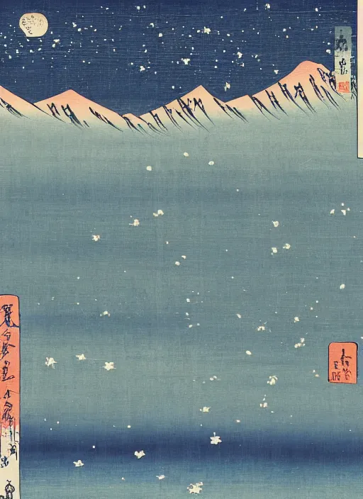 Image similar to blue roses on a mountain melting into the sky with stars of utagawa hiroshige