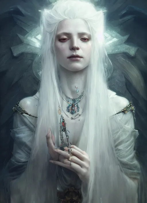 Prompt: a beautiful white haired princess, adorned with precious stone jewelry, intricate concept art, ominous, gorgeous dark fantasy, misty, dramatic lighting, octane render, 8 k, ruan jia and jeremy mann and tom bagshaw and alphonse mucha