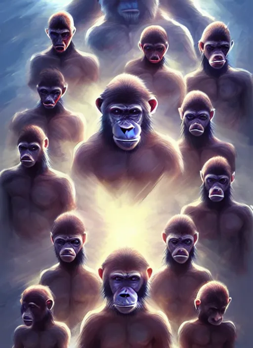 Prompt: of group of ape kids with super powers getting ready for battle against the heavens, symmetrical, perfect face anatomy, establishing cinematic movie scene of a cinematic scene!, intricate, elegant, highly detailed, lotus flower, artstation, art by artgerm, anime, stylish, concept art, smooth, sharp focus, wlop