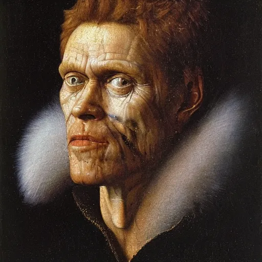 Image similar to portrait of willem dafoe, oil painting by jan van eyck, northern renaissance art, oil on canvas, wet - on - wet technique, realistic, expressive emotions, intricate textures, illusionistic detail