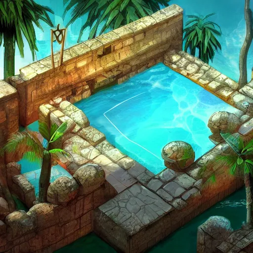 Prompt: a pool in a ancient ruins,retrowave art,trending on art station