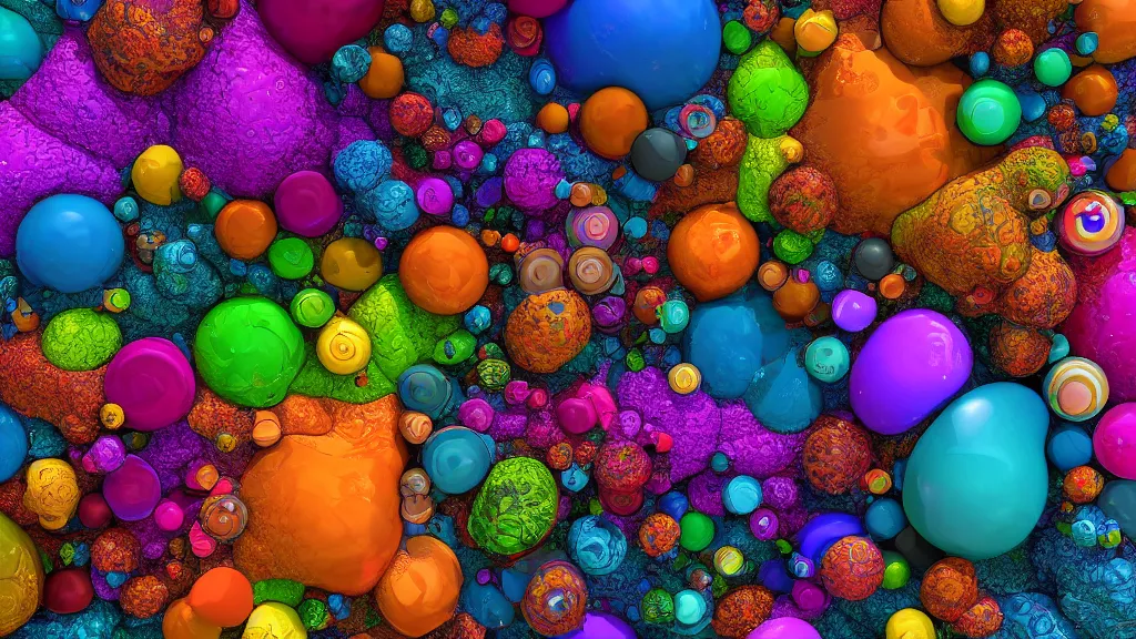Prompt: a close up of a bunch of different objects, a raytraced colorful image by benoit b. mandelbrot, behance, generative art, fractalism, biomorphic, greeble, rtx, vray, octane render, volumetric lighting, depth of field, 3 d