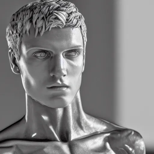 Image similar to a realistic detailed photo of a guy who is an attractive humanoid who is half robot and half humanoid, who is a male android, soccer player martin ødegaard, shiny skin, posing like a statue, blank stare, by the pool, on display, showing off his muscles, humanoid robot, frozen ice statue