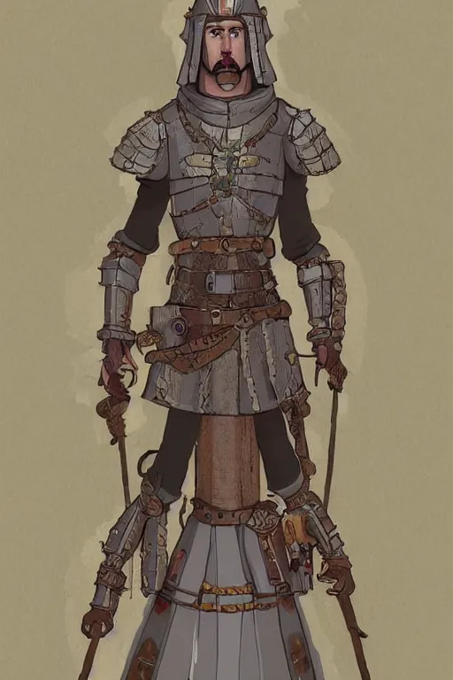 Prompt: beautiful calm bright ai generated fullbody character illustration of a medieval timetraveller highpriest in ornated wooden armor and decorated sacred outfit and heavily equipped with steampunk cyberwares. rendered by machine.delusions. inspired by: @machine.delusions on instagram. Slightly reminds to ghibli studio style. Fullbody portrait uncut centered cinematic, dramatic pose