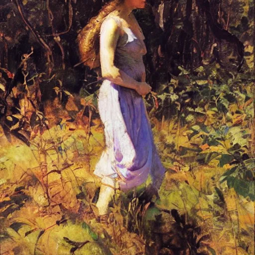 Prompt: young girl lost in a forest, by dean cornwell, sunlit