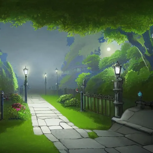Prompt: entrance to a building with a path on the lawn, a giant screen, at night, artstation, concept art, studio ghibli
