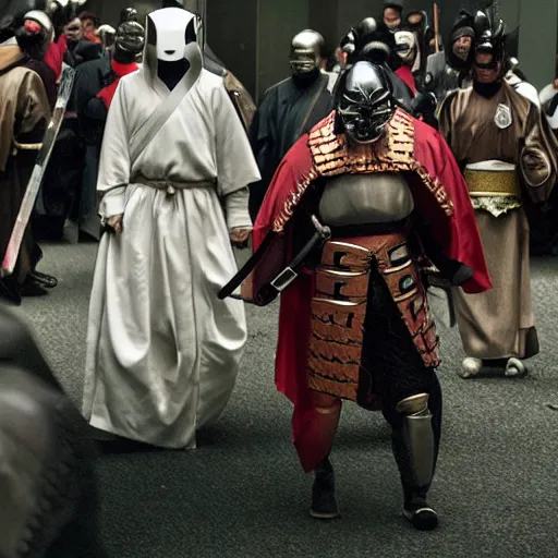 Prompt: a traditionally dressed godlike masked and helmeted cyborg samurai , UN meeting at The Hague , members yelling and screaming animatedly, commotion , Photo realistic , Gregory Crewdson , Award winning. Masterpiece, exquisite detail, post processing