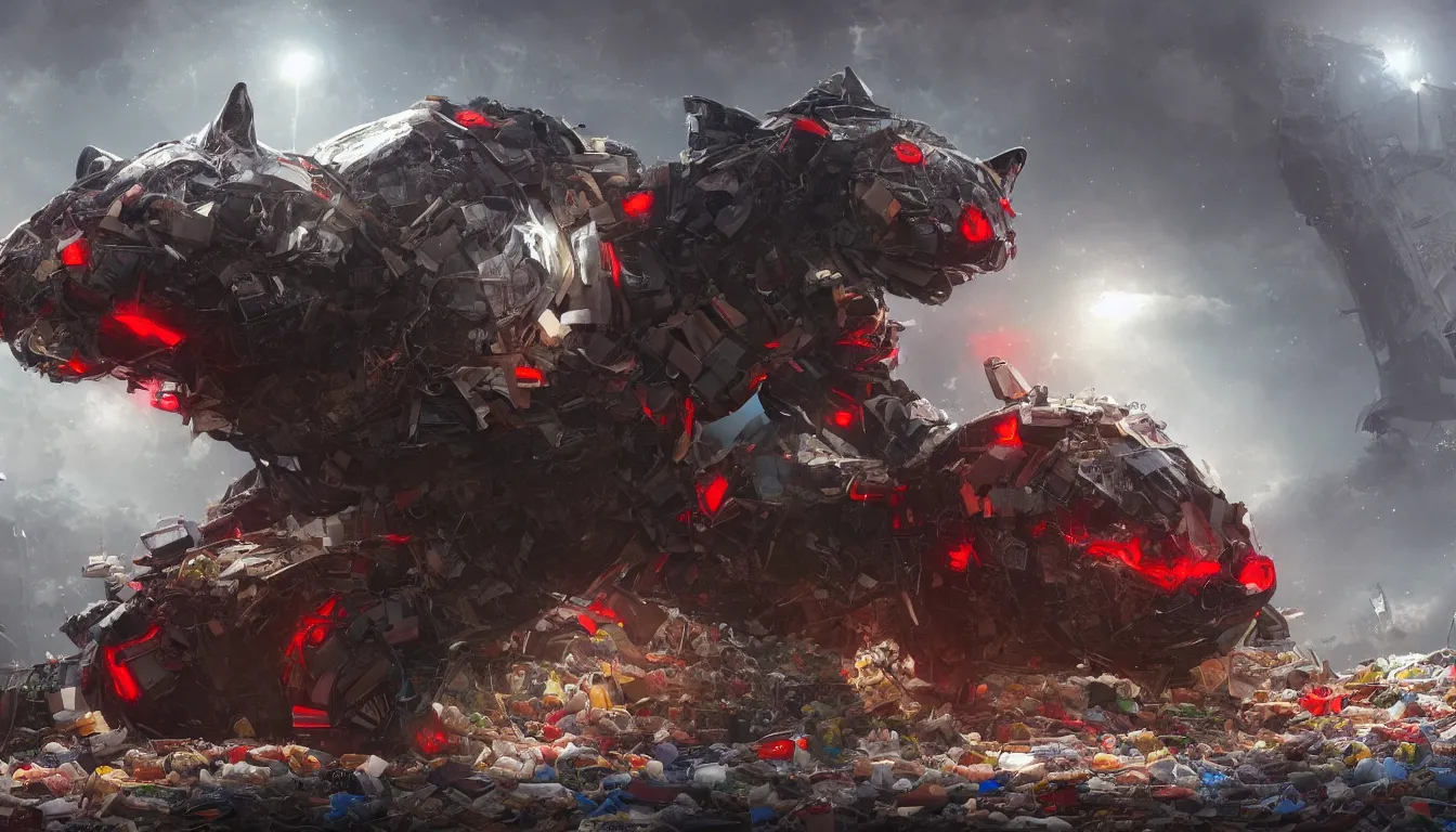 Image similar to gigantic robotic cat walks in a trash heap, red eyes, ai limbo, digital art, trending on artstation, 8k, epic composition, highly detailed,