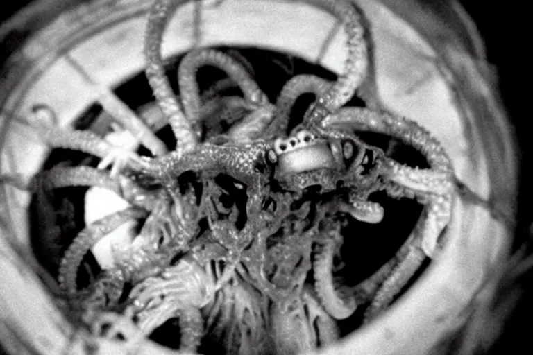 Prompt: scary intense grotesque disgusting filmic wide shot angle movie still 35mm film color photograph of a shape shifting horrific nightmarish abstract alien organism spewing toxic spined tentacles made out of flesh strangling a doctor wearing a lab coat and surgical mask in the style of a horror film The Thing 1982