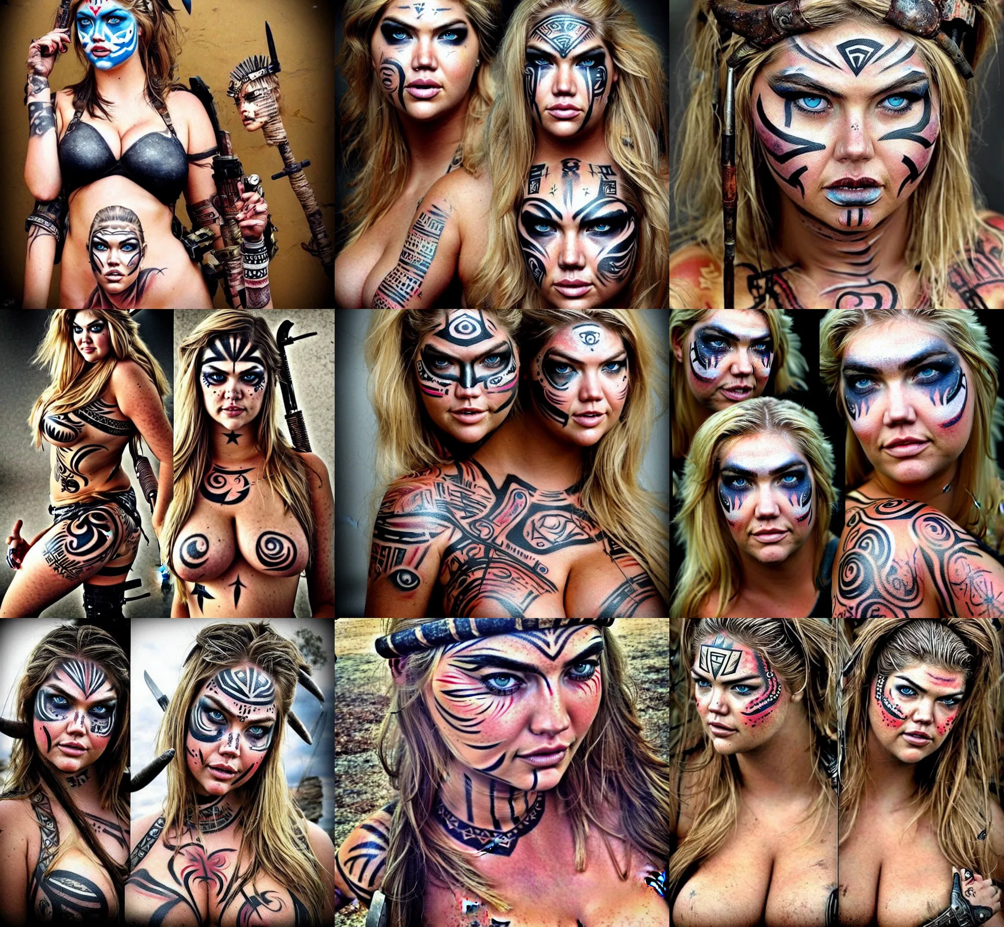 Prompt: gorgeous!! hyper - realistic woman resembling kate upton as a post - apocalyptic warrior girl with tattoos & tribal face paint
