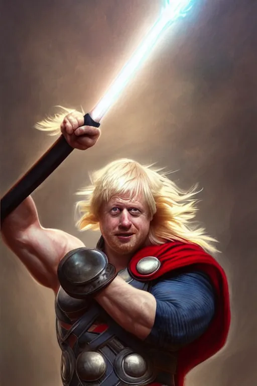 Image similar to Boris Johnson as Thor with Hammer, masculine bodybuilder figure, highly detailed, digital painting, artstation, concept art, smooth, sharp focus, illustration, cinematic lighting, art by artgerm and greg rutkowski and alphonse mucha