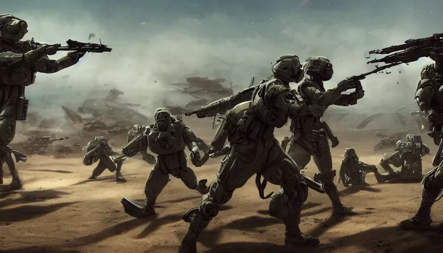 Prompt: Futuristic soldiers fighting with aliens troops on a beach during a big battle, hyperdetailed, artstation, cgsociety, 8k