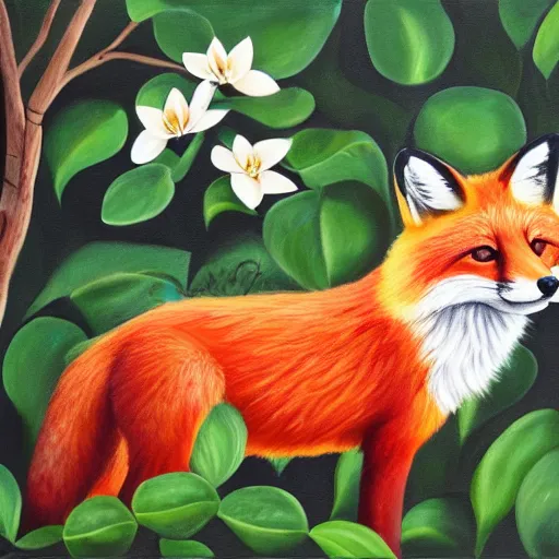 Image similar to painting of a cute red fox in the middle of a white magnolia forest