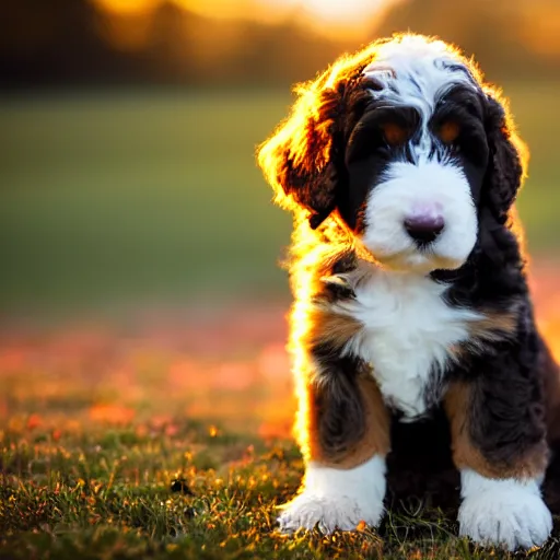 Image similar to a bernedoodle puppy at golden hour, bokeh, 3 2 megapixel