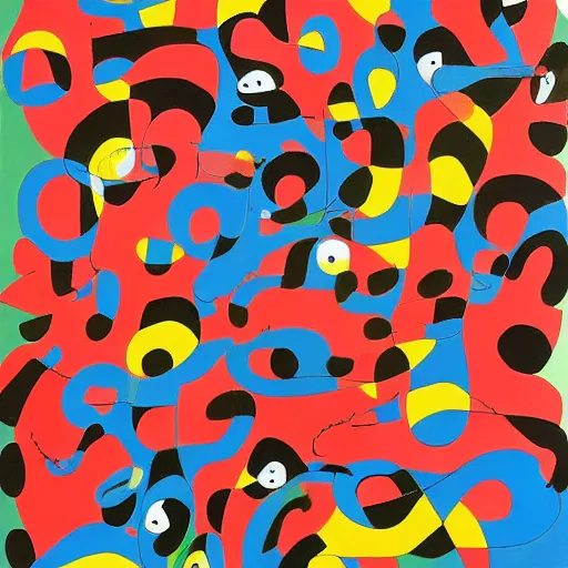 Image similar to Where's Waldo, in the style of Joan Miro