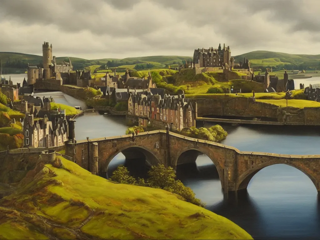 Prompt: A detailed oil painting of a beautiful Scotland town, castle, bridge, loch, in the style of Michiel Schrijver, isometric