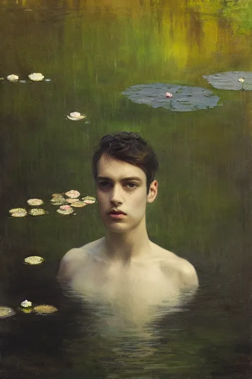 Image similar to detailed cinematic moody colors studio portrait of a young victorian gentleman in a beautiful victorian water pond, water lilies, high quality by jeremy mann, only one head single portrait