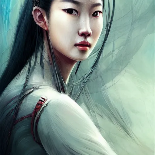 Image similar to A portrait of An beautiful!!! ancient Chinese female swordsman by Ross Tran!!! and Zhang Daqian!! and greg rutkowski! and Zdzisław Beksiński! and Ruoxin Zhang!!!,In style of digital art illustration.Symmetry.Highly detailed face.Fantasy,smooth,hyper detailed,sharp focus,Soft light.trending on artstation.